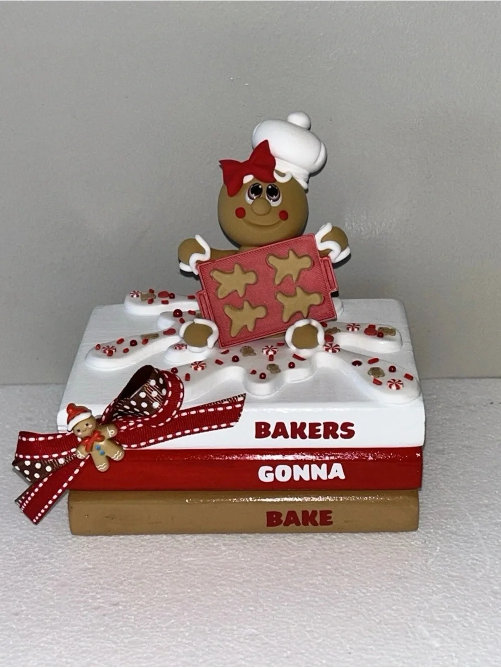 Fake Gingerbread Baker Tabletop Accent Book Stack - Red, White & Brown Handmade